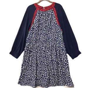 ESHAKTI Blouson Dress 2XL Daisy Floral Henley Chiffon Sleeves Pockets Red Blue